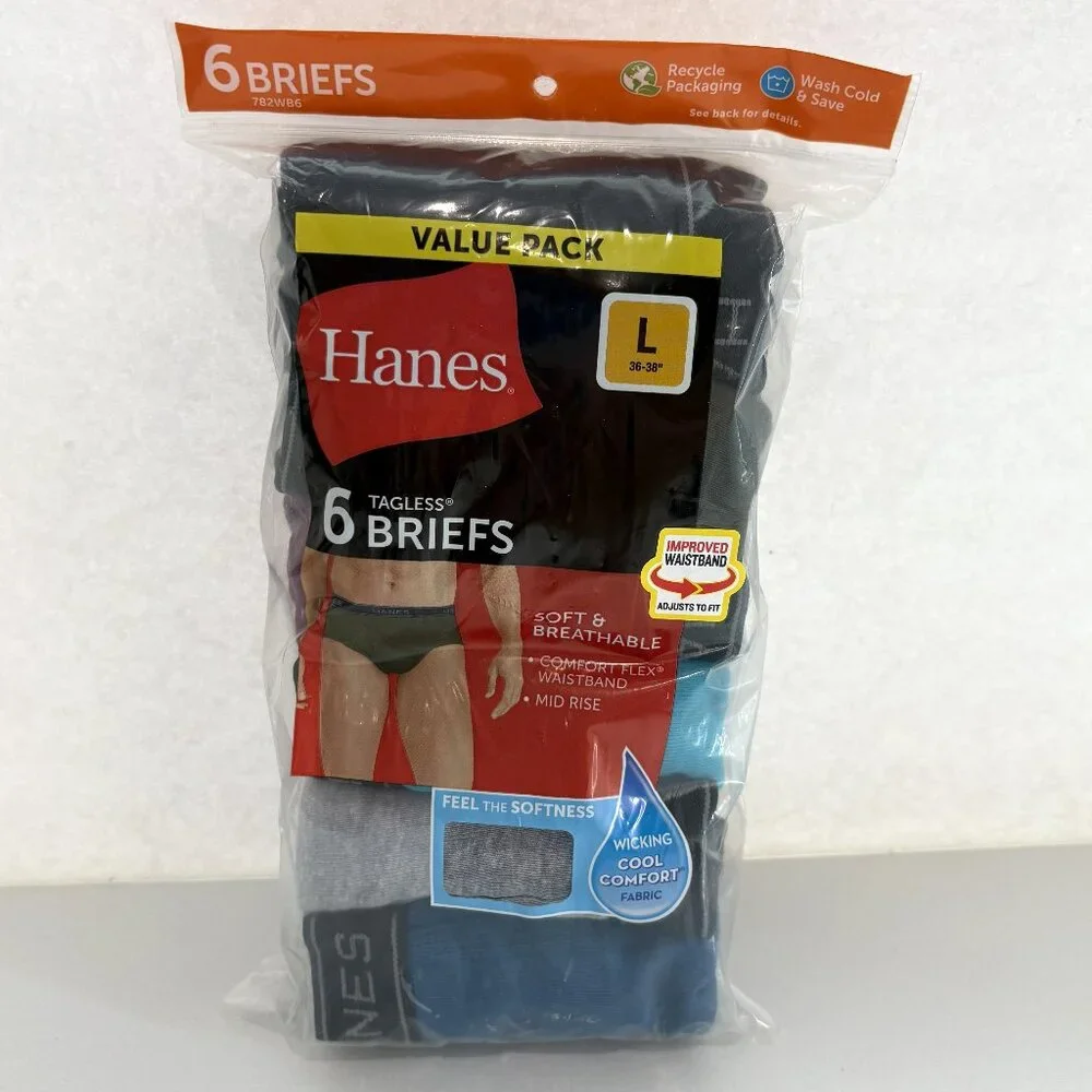 Hanes Comfort Flex Briefs Underwear Mid-Rise 6-Pack Multi-color Men's Size Large